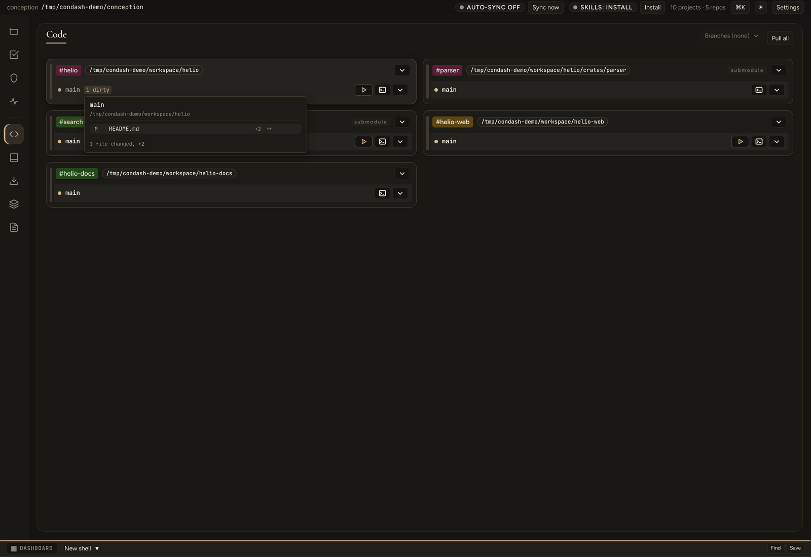 Code pane — helio's dirty-file popover open, listing README.md as the one modified file