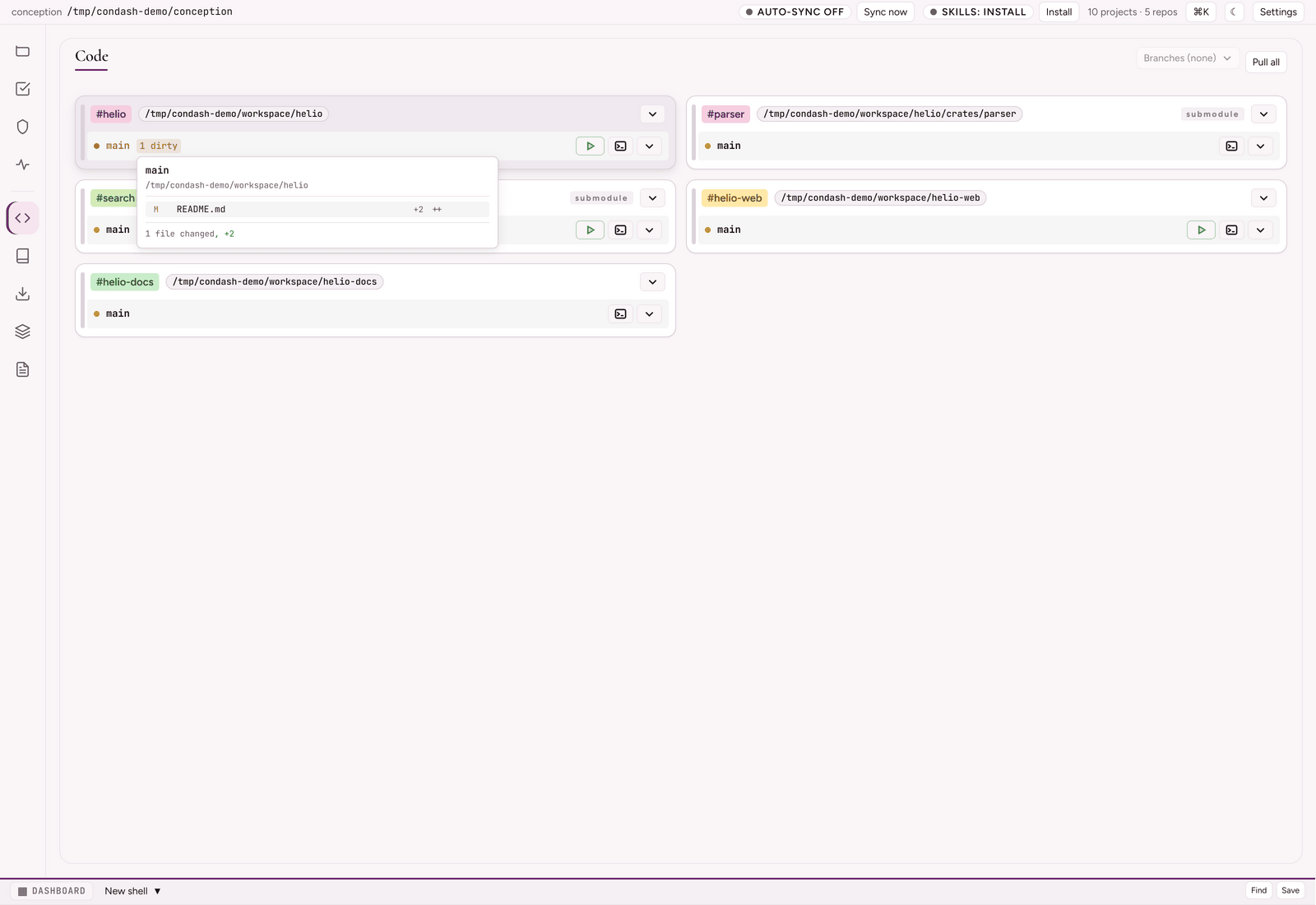Code pane — helio's dirty-file popover open, listing README.md as the one modified file