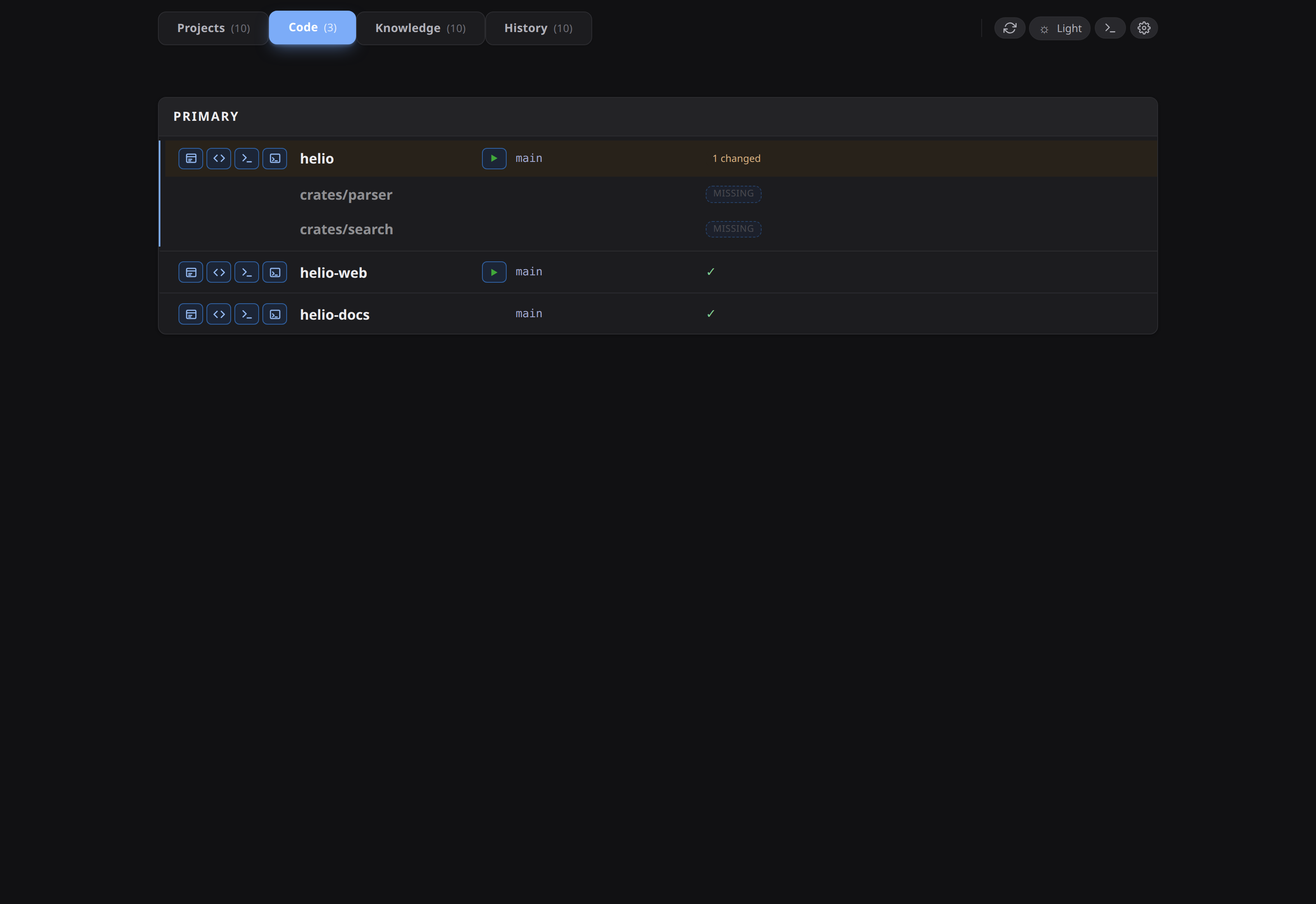 Code tab — three repos, helio with a dirty-file indicator
