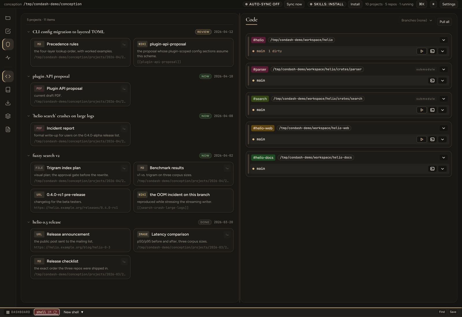 Deliverables pane — five project groups, with WIKI, URL, PDF, MD, IMAGE, and FILE type tags