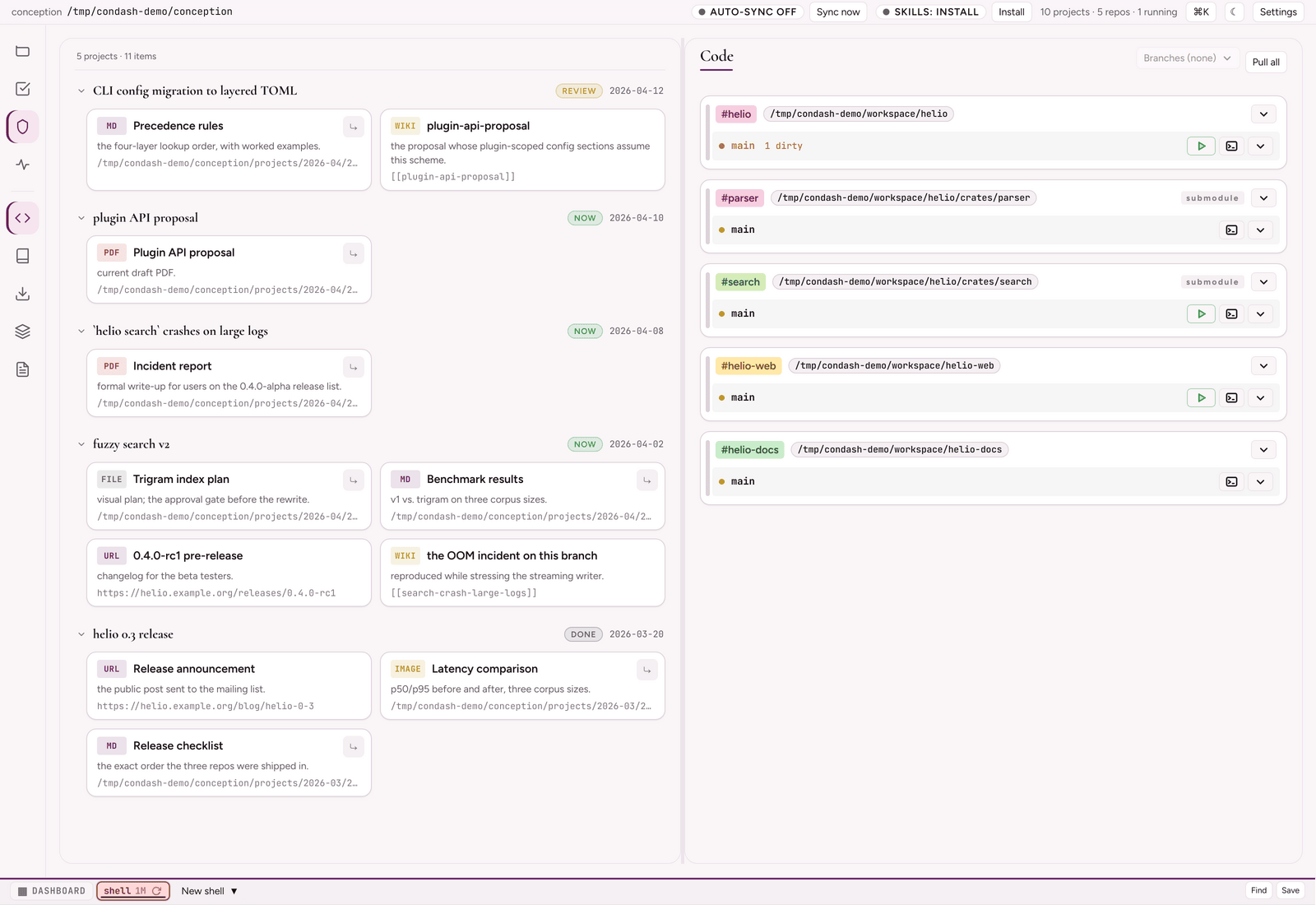 Deliverables pane — five project groups, with WIKI, URL, PDF, MD, IMAGE, and FILE type tags
