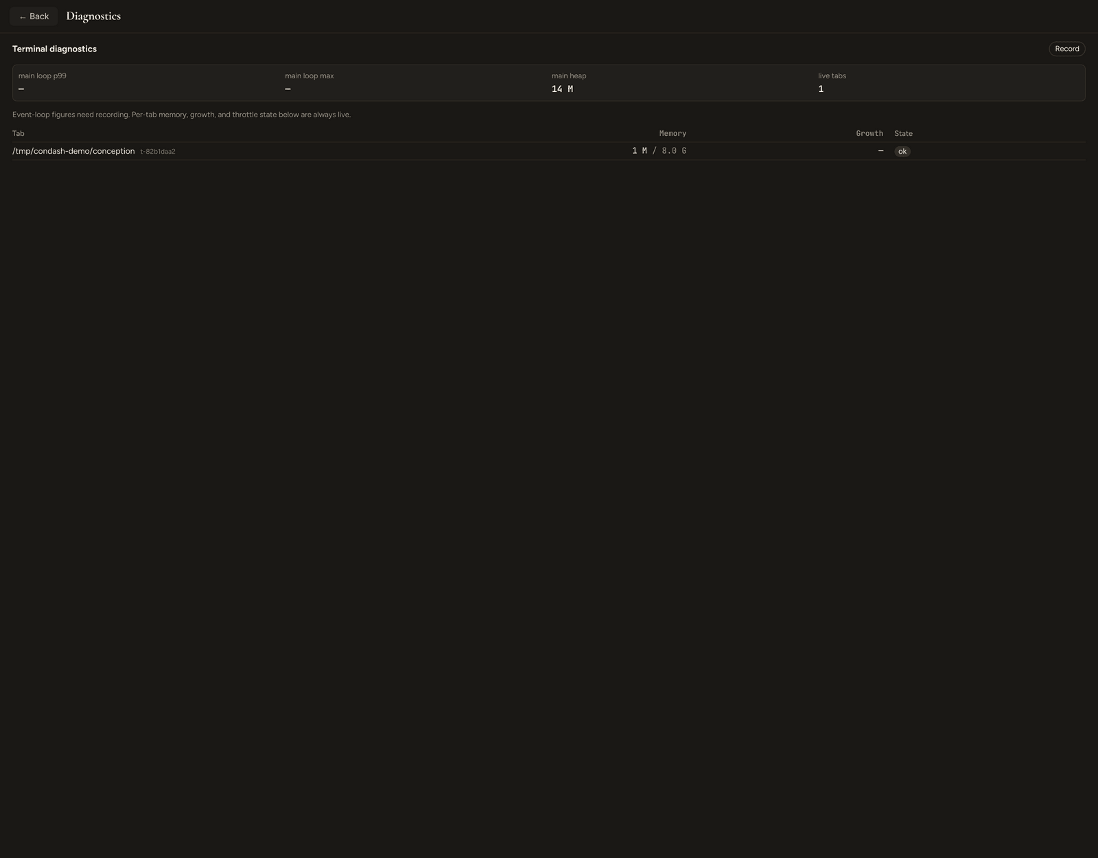 Diagnostics overlay with live vitals