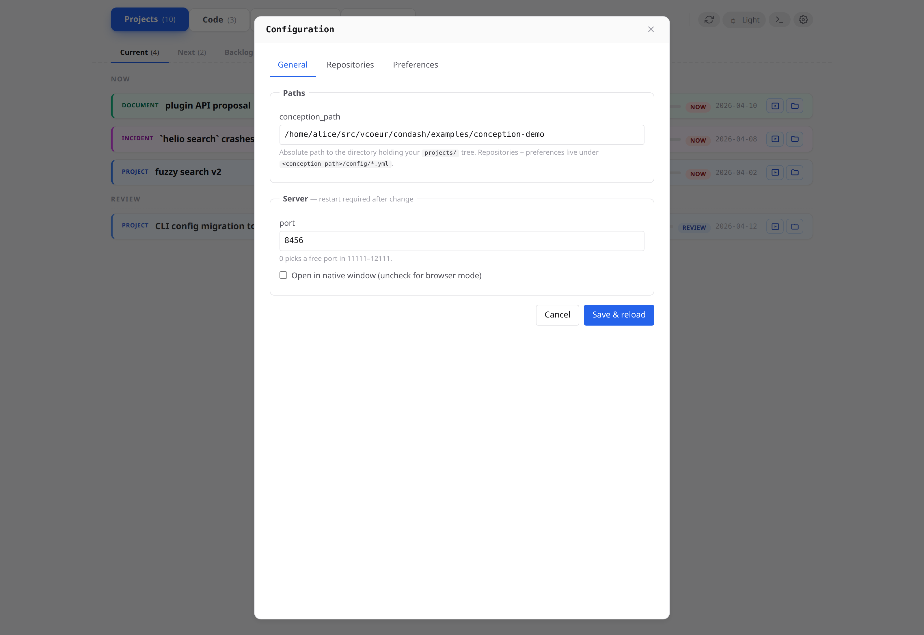 Gear modal — General tab