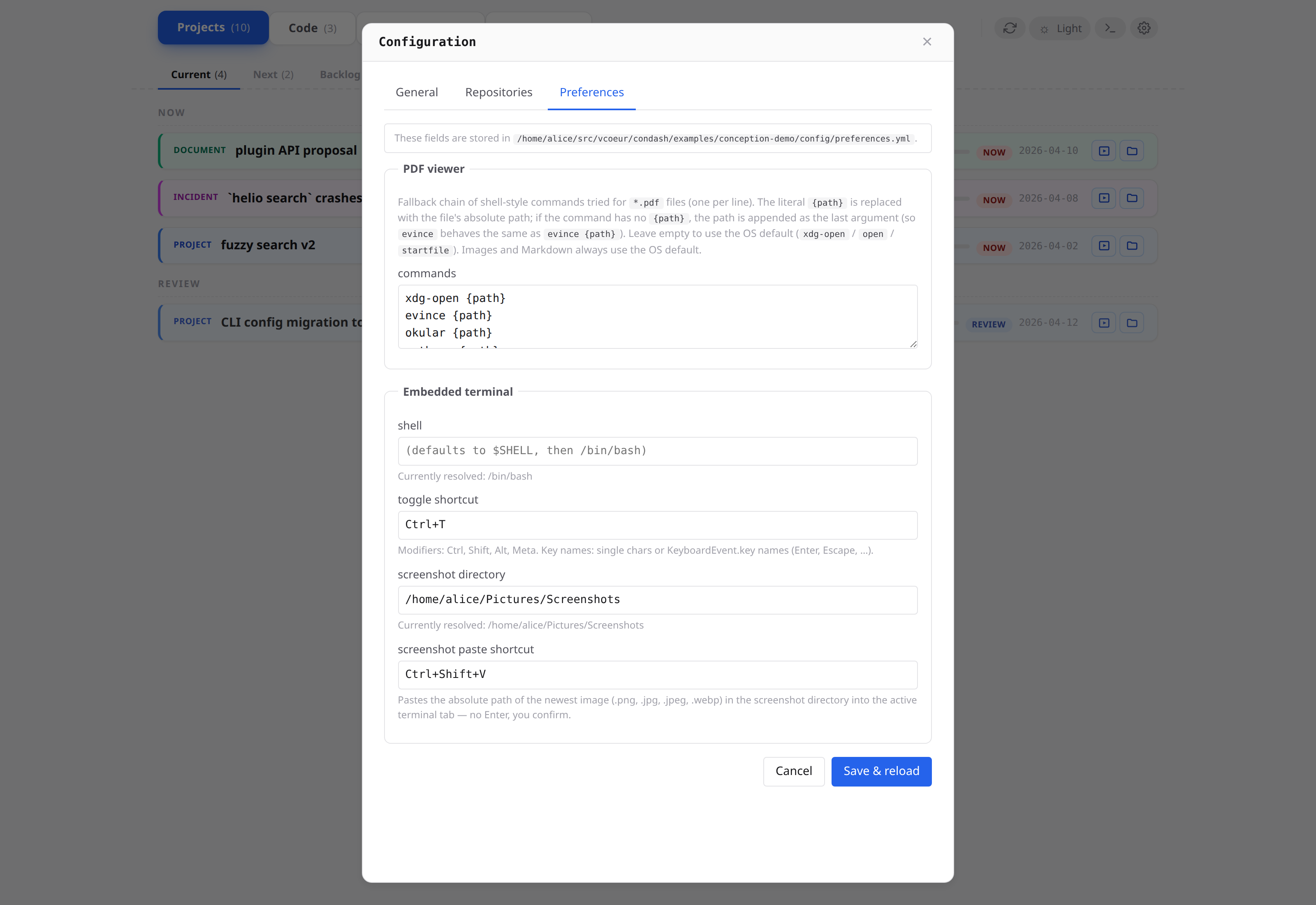Gear modal Preferences tab