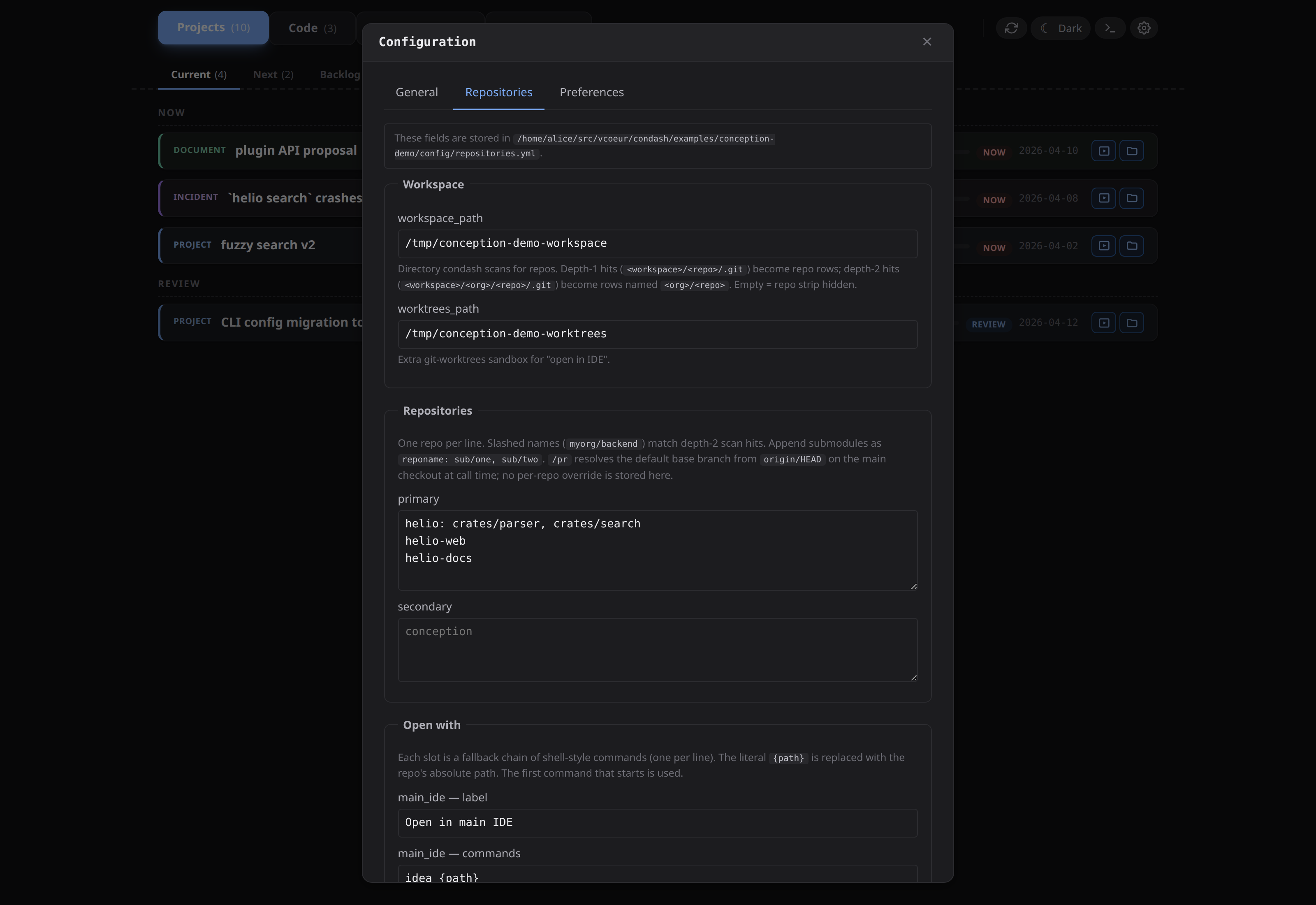 Gear modal Repositories tab