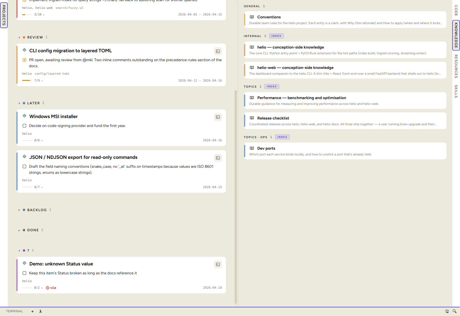 Knowledge pane — conventions.md tile plus Internal and Topics folders
