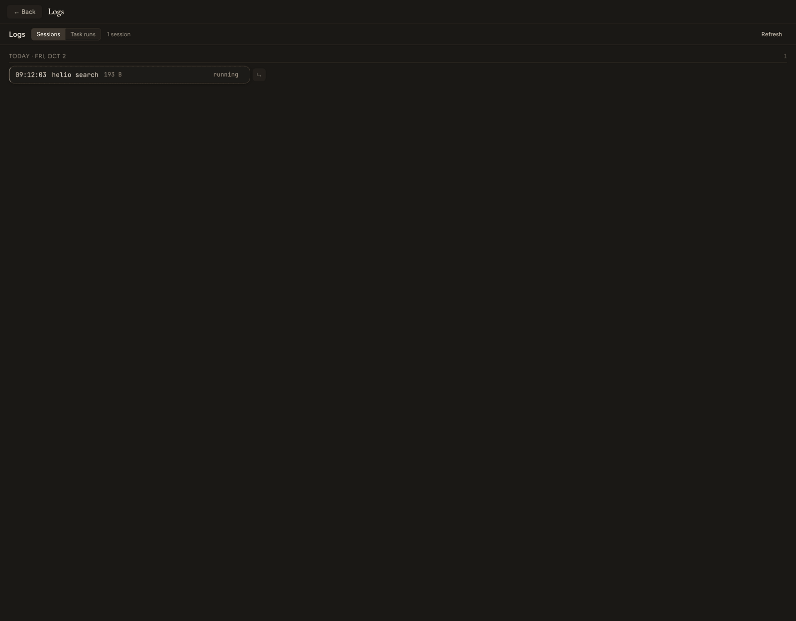 Logs overlay with a populated session card