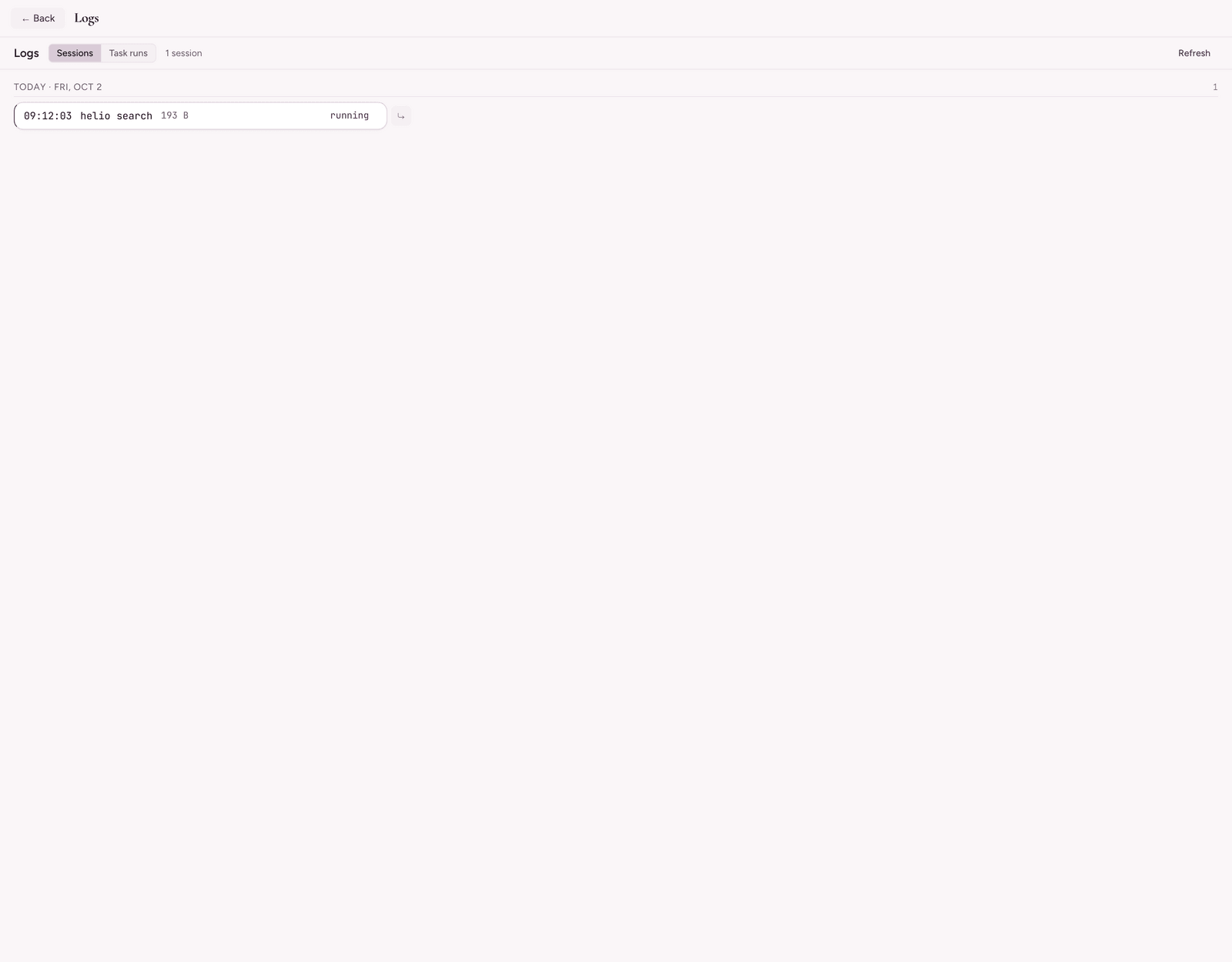 Logs overlay with a populated session card