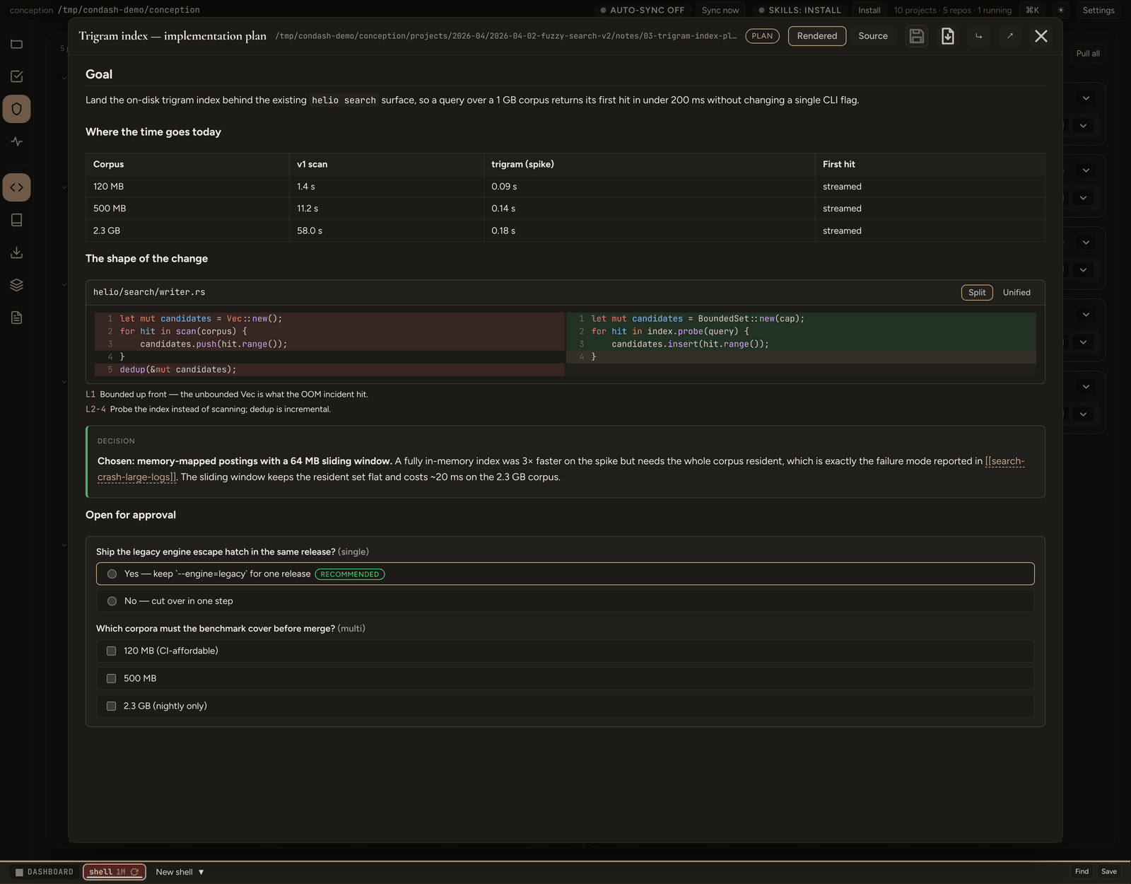 MDX viewer — a plan document with its PLAN pill, a table, a split diff with line annotations, a decision callout, and the approval question-form
