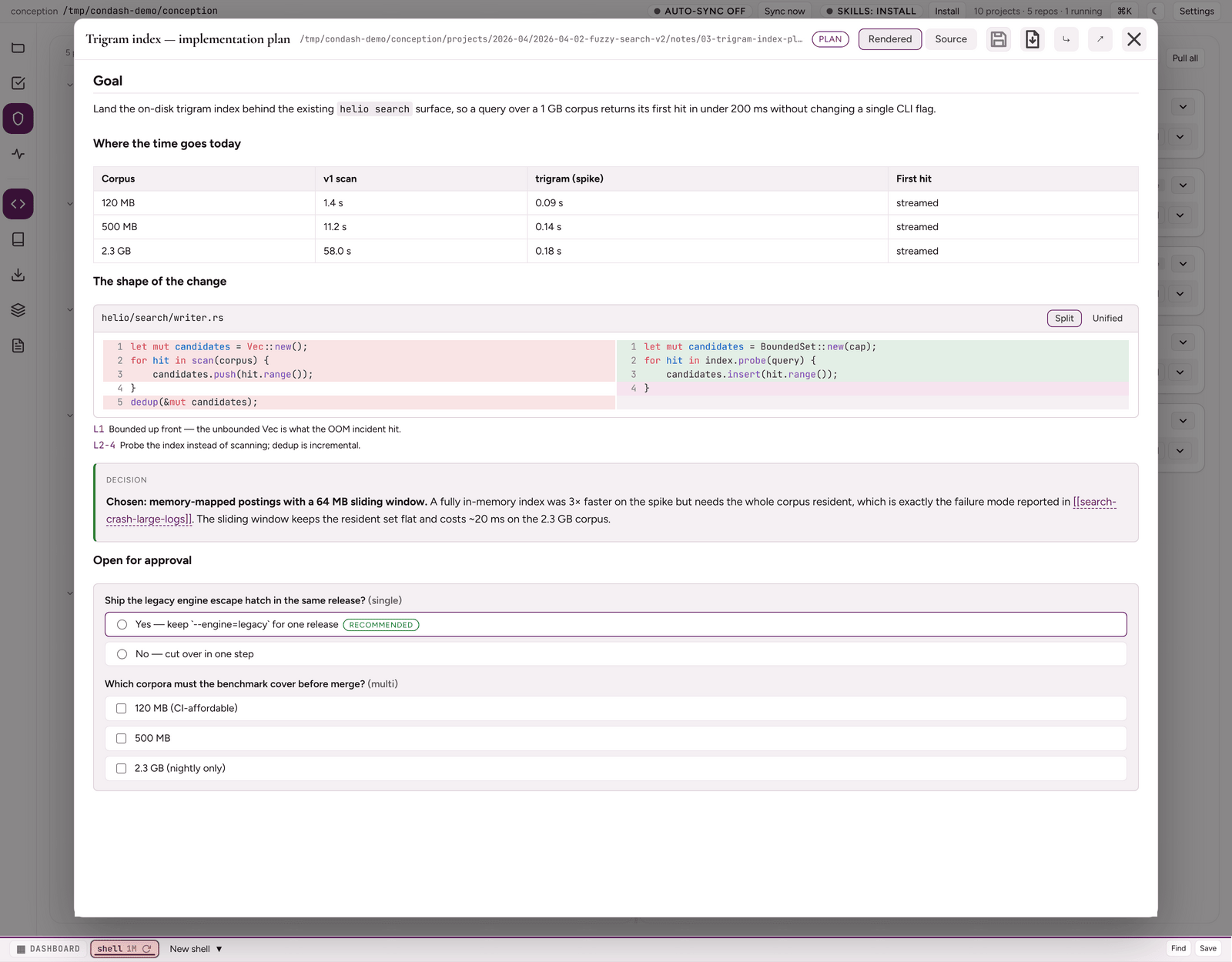 MDX viewer — a plan document with its PLAN pill, a table, a split diff with line annotations, a decision callout, and the approval question-form