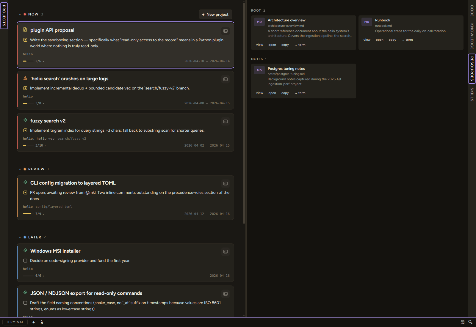 Resources pane — file cards grouped by directory with view/open/copy/→term actions