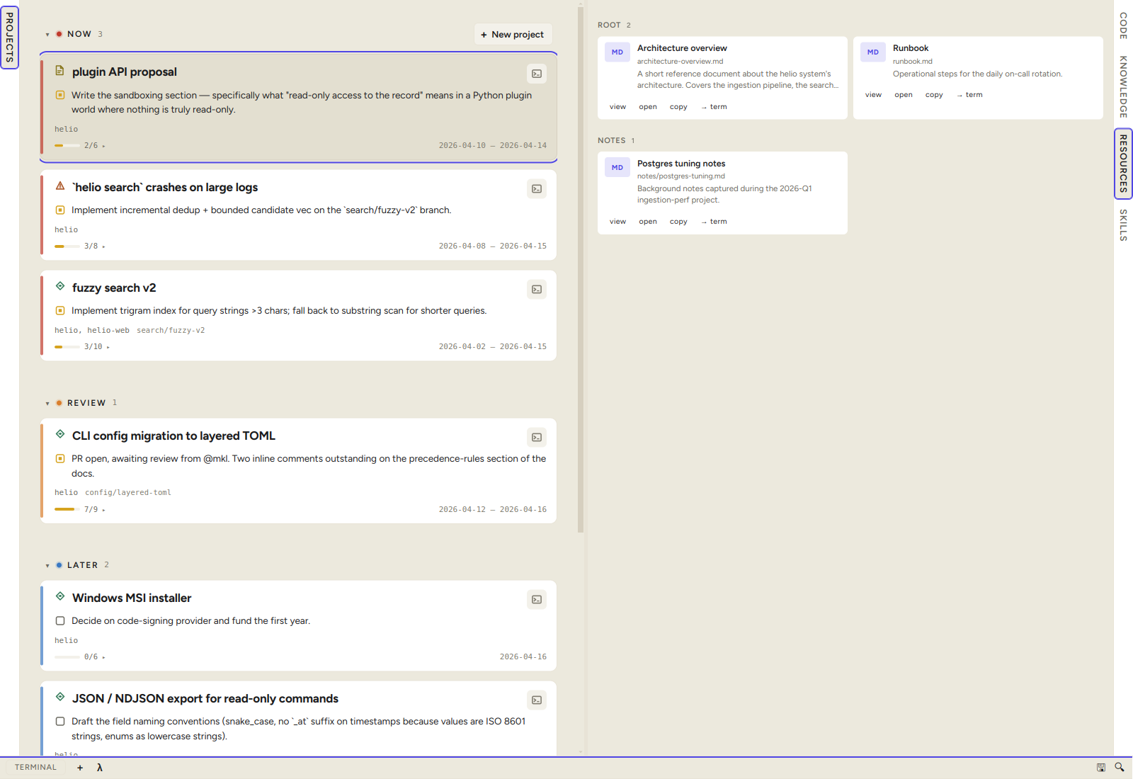 Resources pane — file cards grouped by directory with view/open/copy/→term actions