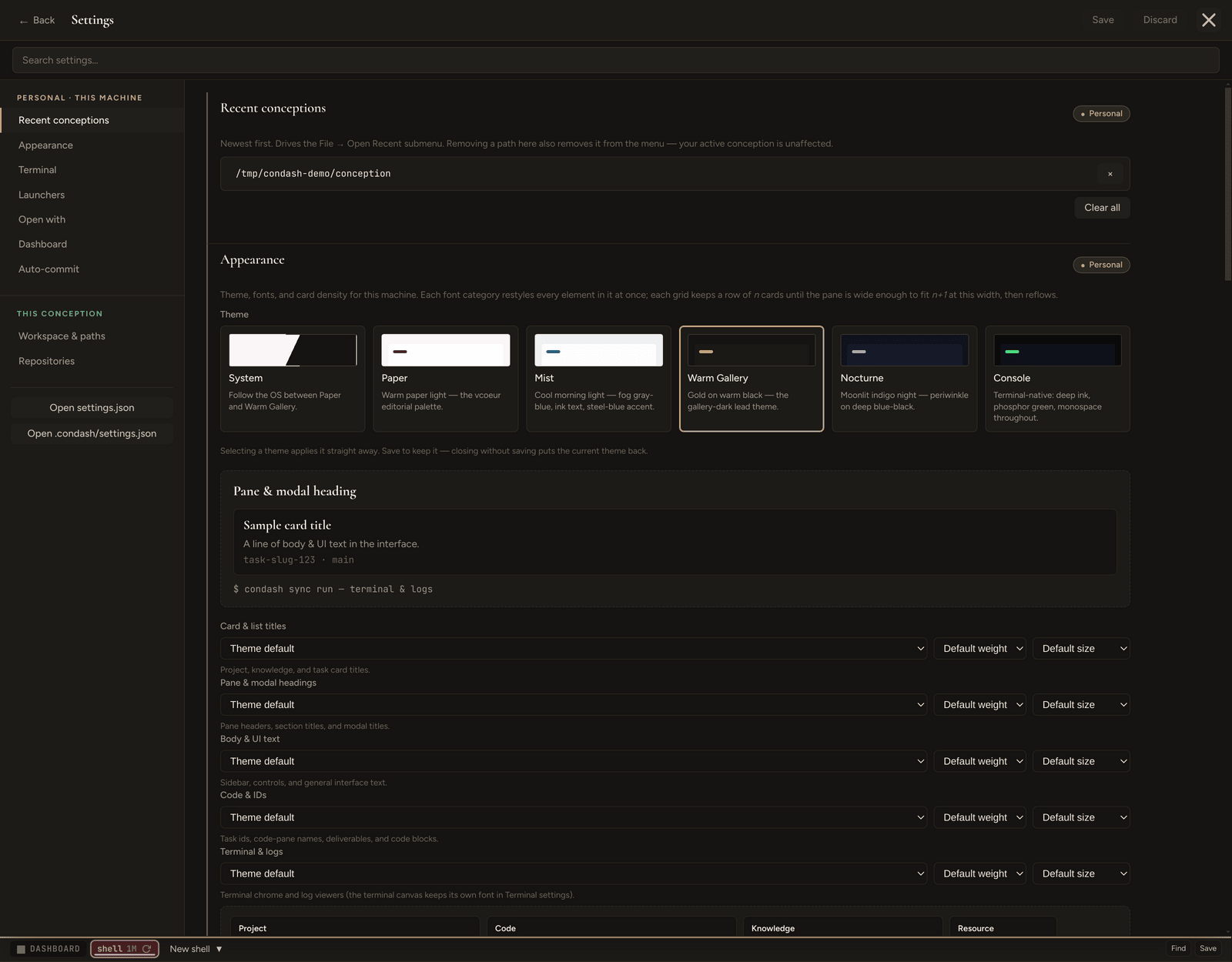 Settings modal — the left rail grouped under Personal · this machine and This conception, with the Appearance section and its scope chip on the right