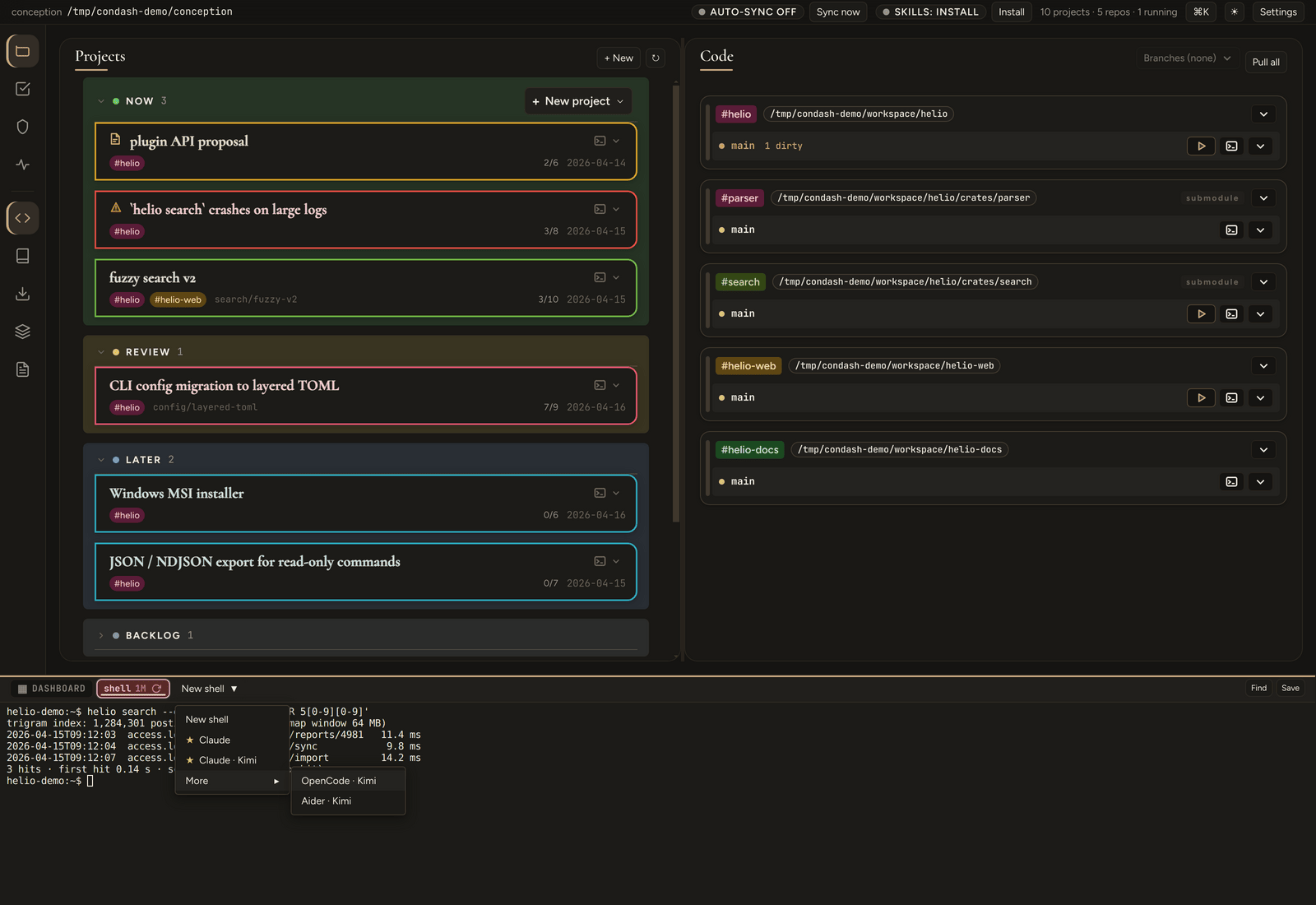 Terminal spawn dropdown — New shell, two starred favourite agents, and the remaining agents behind the More fly-out