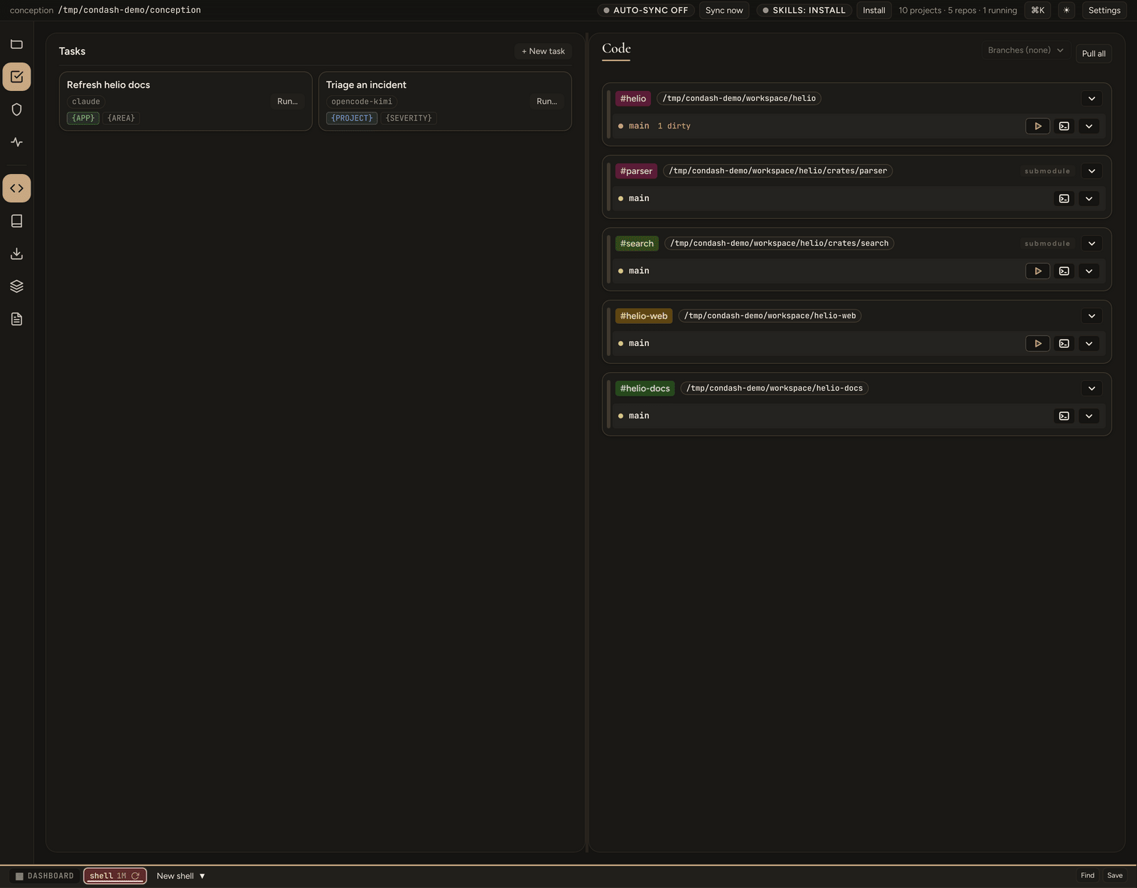 Tasks pane — two task cards, each with its agent, its marker chips, and a Run… button