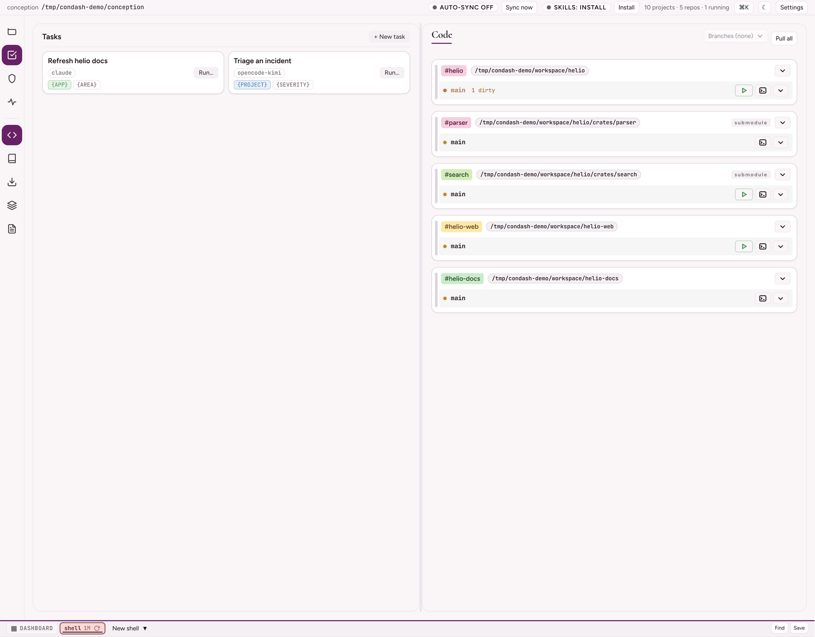 Tasks pane — two task cards, each with its agent, its marker chips, and a Run… button