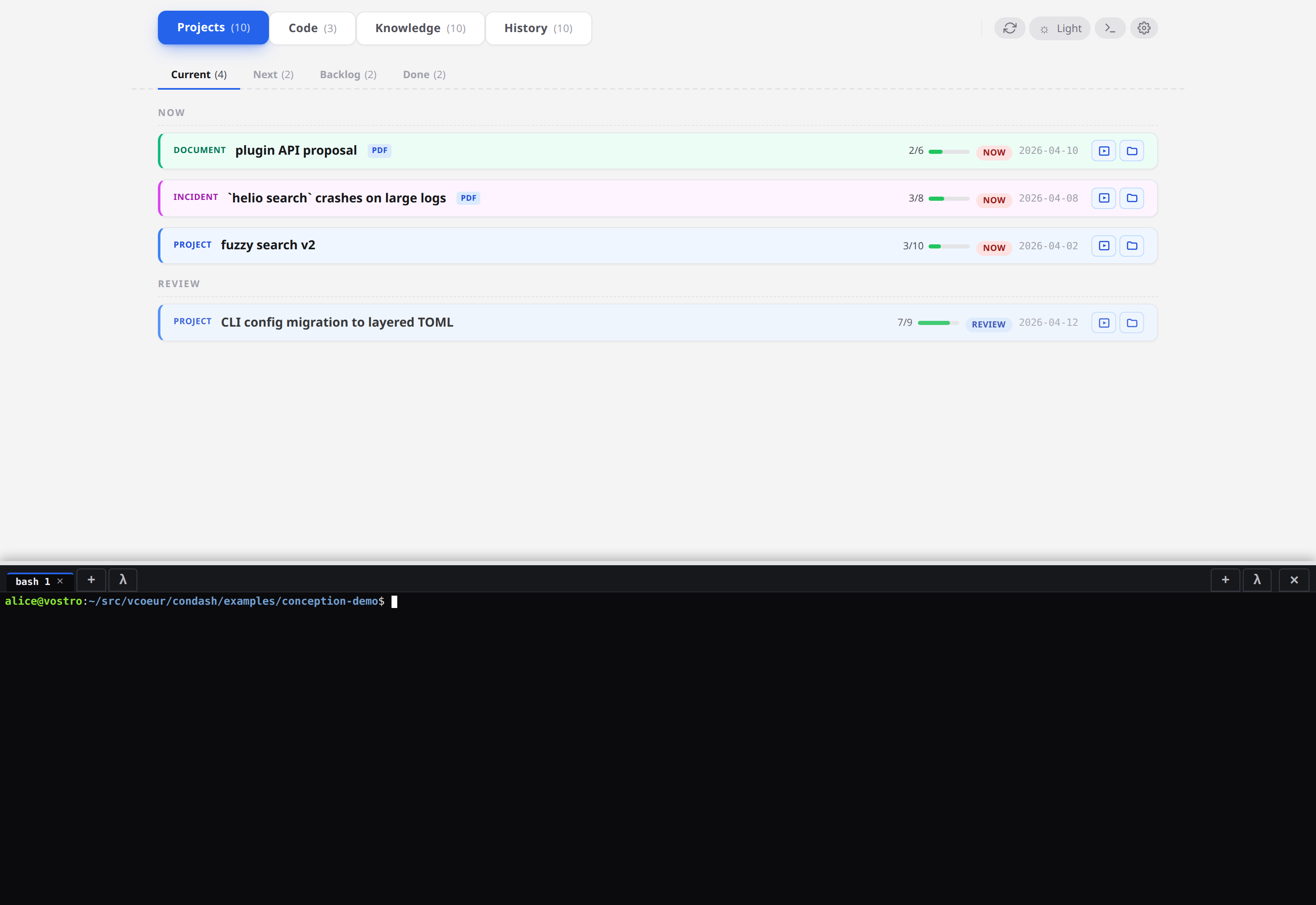 Terminal pane with a running helio command